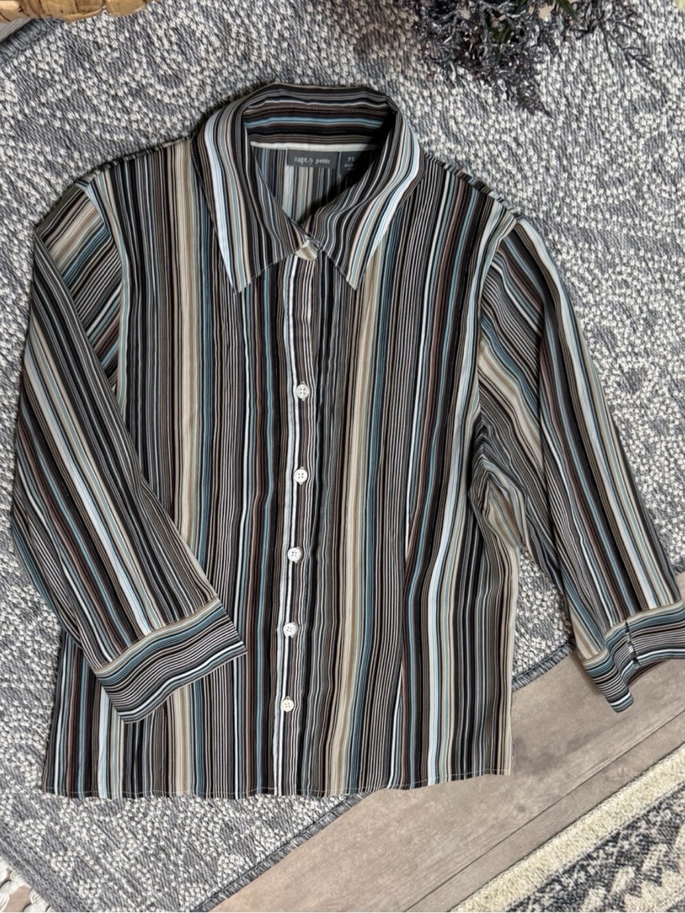 Y2K Apt. 9 Petite Women’s Striped Shirt in Brown, Blue & Cream Size Small